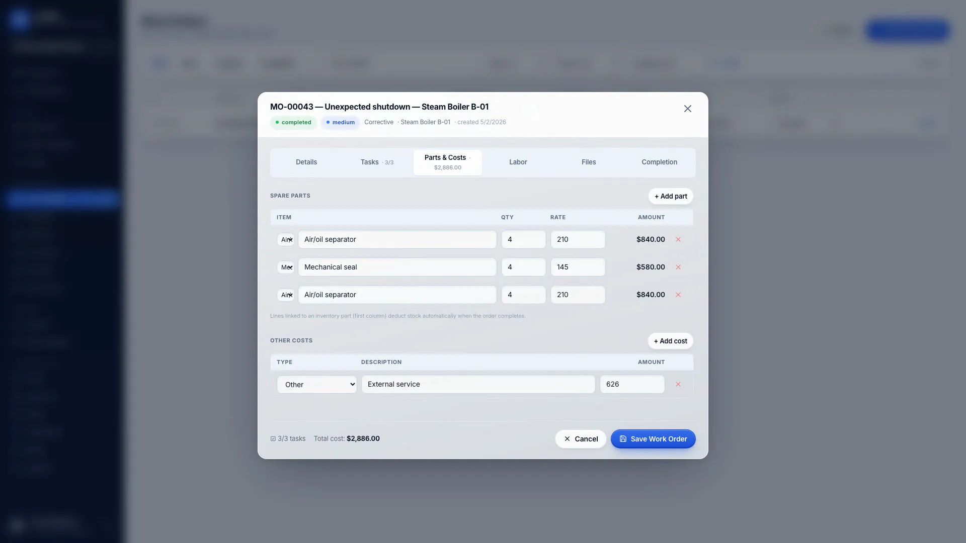 ICMMS work order parts and costs with automatic totals